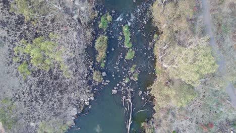 Vertical aerial view over the rapids along the Loddon River at Bridgewater, central Victoria, Australia, May 2025.