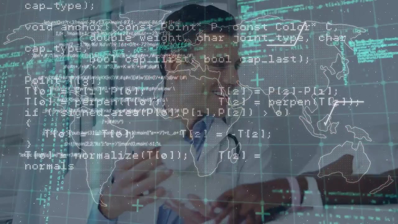 Animation of digital interface over caucasian doctor with patient