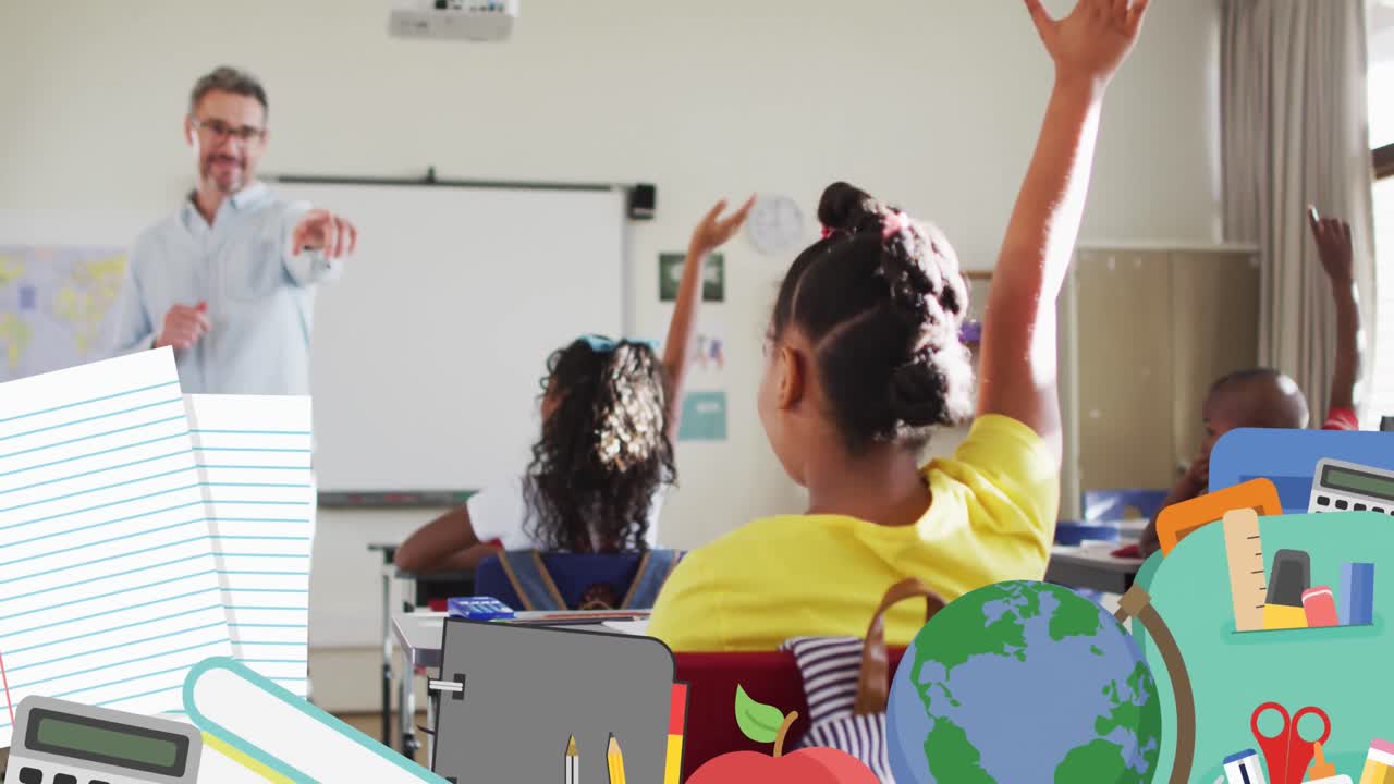 animación de iconos escolares sobre maestros varones y escolares en la clase
