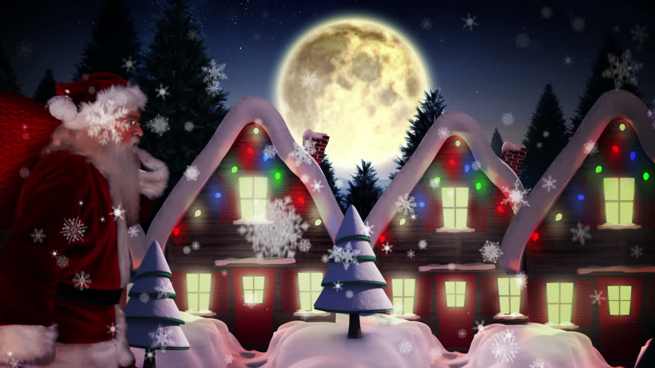 산타가 크리스마스 마을에 선물을 배달하고 있습니다.