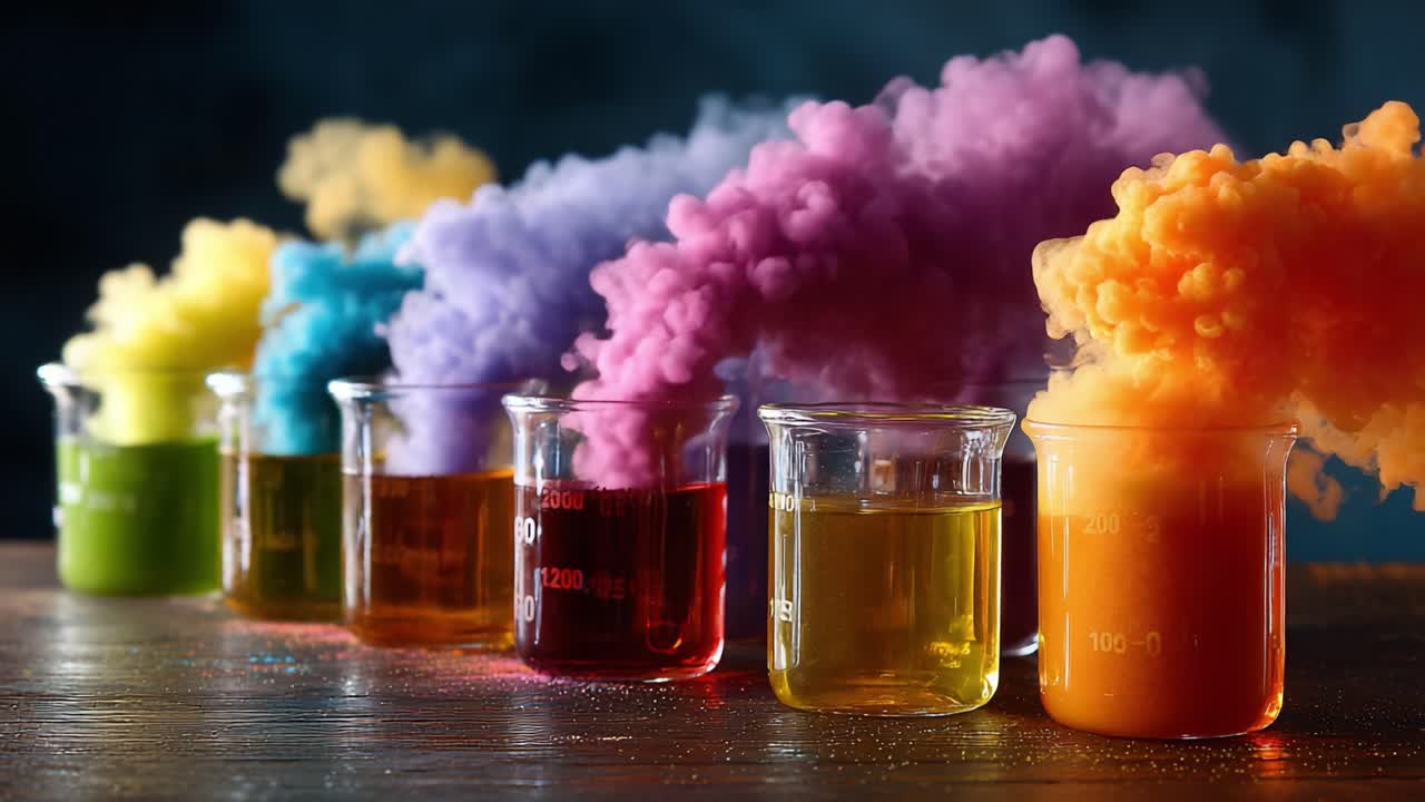 A Captivating Display of Colorful Chemical Reactions: Vibrant Colored Smoke Emanating from Laboratory Beakers Filled with Colorful Liquids