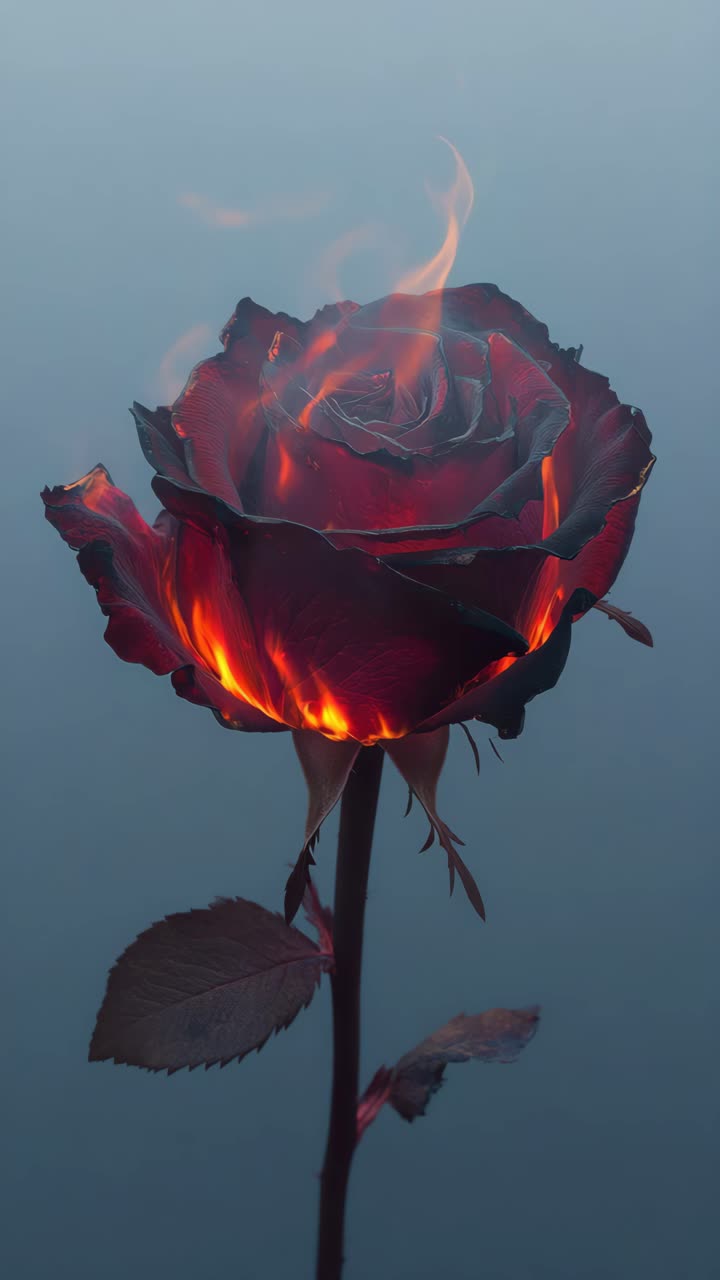 Un concetto video drammatico e ravvicinato di una rosa che brucia, ripreso da un angolo basso