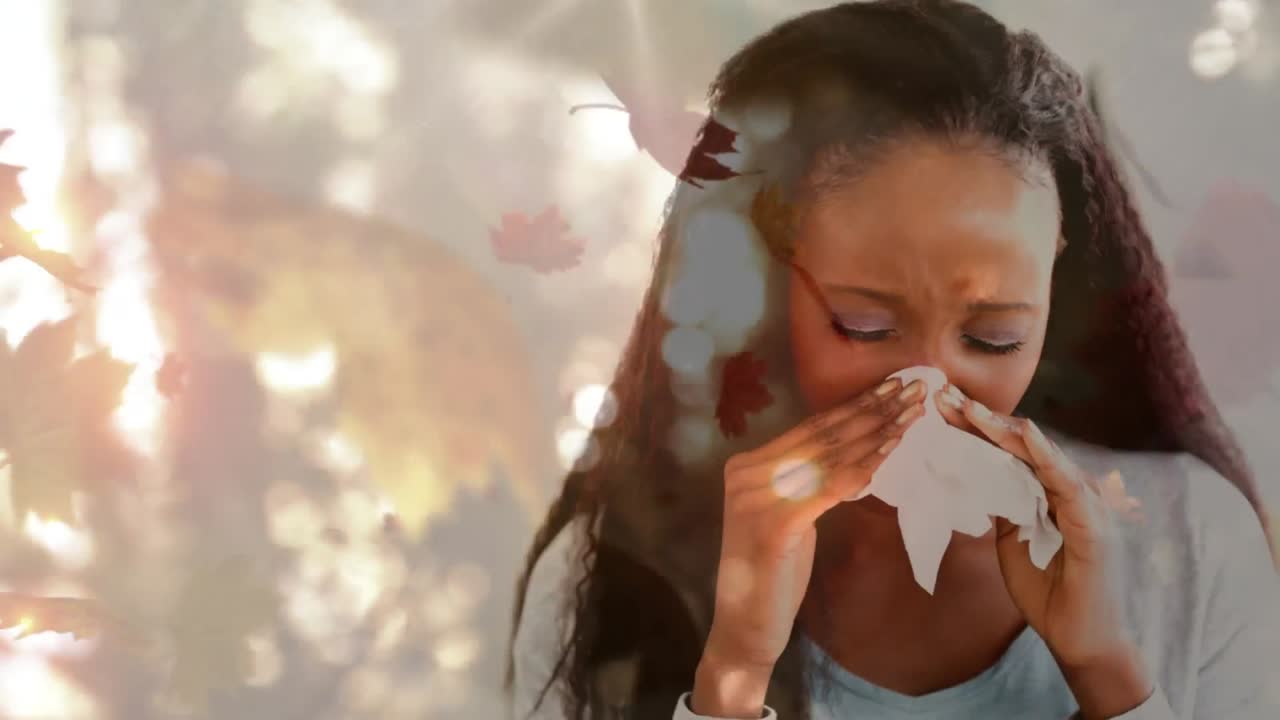 Foglie autunnali che cadono e donna che starnutisce mentre soffre di allergia 4k