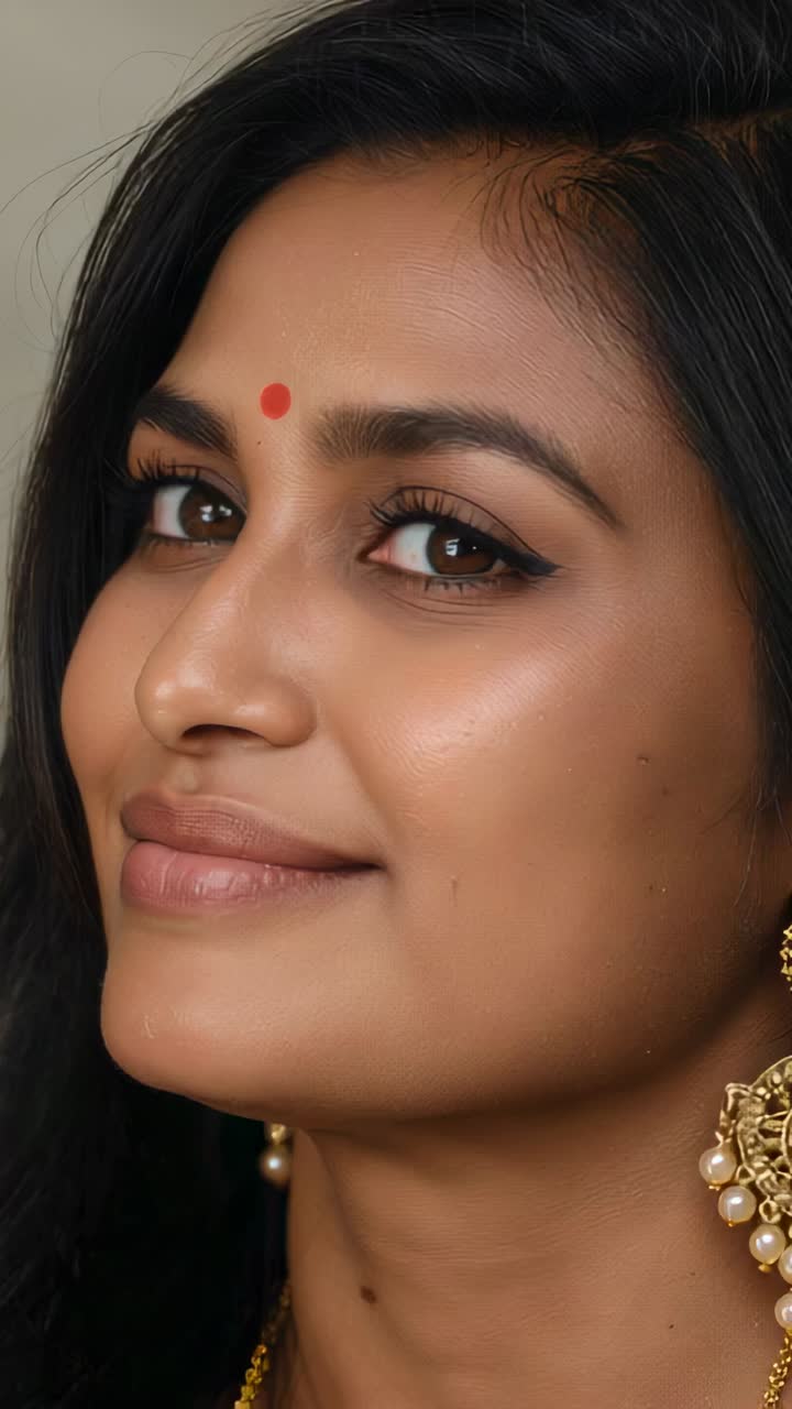 Stående video: Börjar med närbild, indisk modell som vänder på huvudet framför en enkel vägg, bindi, jhumkas, smink