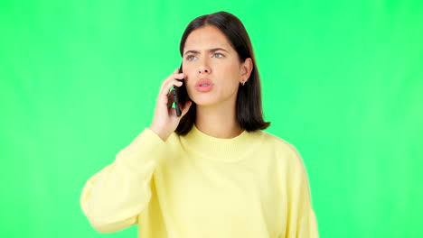 Green-screen,-phone-call-and-woman-with-anger