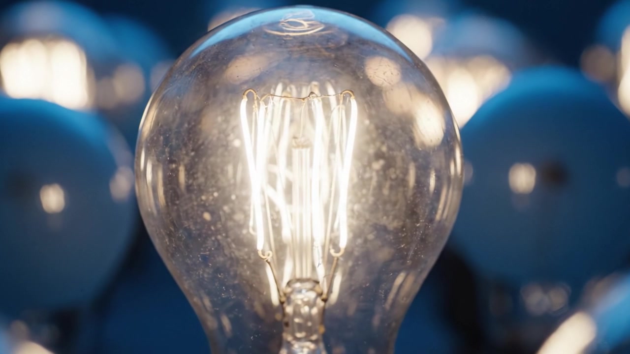 Illuminated Light Bulb Centerpiece Surrounded by Dimly Lit Bulbs Capturing Modern Lighting Aesthetics and Ambience in a Contemporary Setting