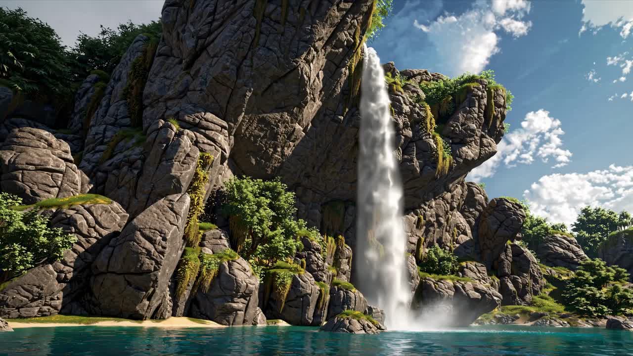 A stunning landscape video showcasing a waterfall cascading down rocky cliffs