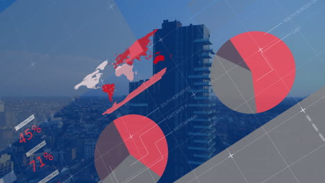 animación de la interfaz infográfica sobre vista aérea de la ciudad contra un cielo nublado.