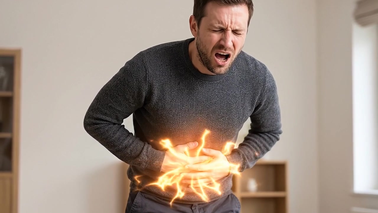 Uomo che si tiene l'addome dolorante mentre è in piedi su uno sfondo neutro in una scena medica realistica