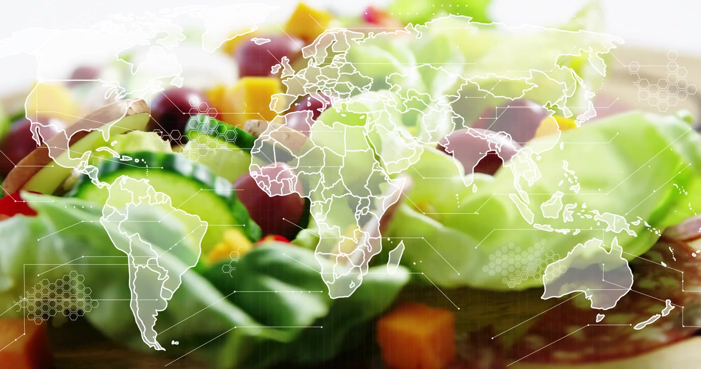 Mappa del mondo che appare gradualmente dopo un secondo, aggiungendo un motivo esagonale mentre la telecamera evidenzia le texture dell'insalata.