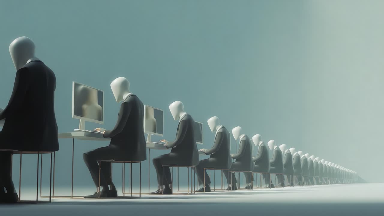 A surreal depiction of faceless individuals engaged in computer work, highlighting themes of anonymity, technology's grip on society, and the loss of individuality in a digital age