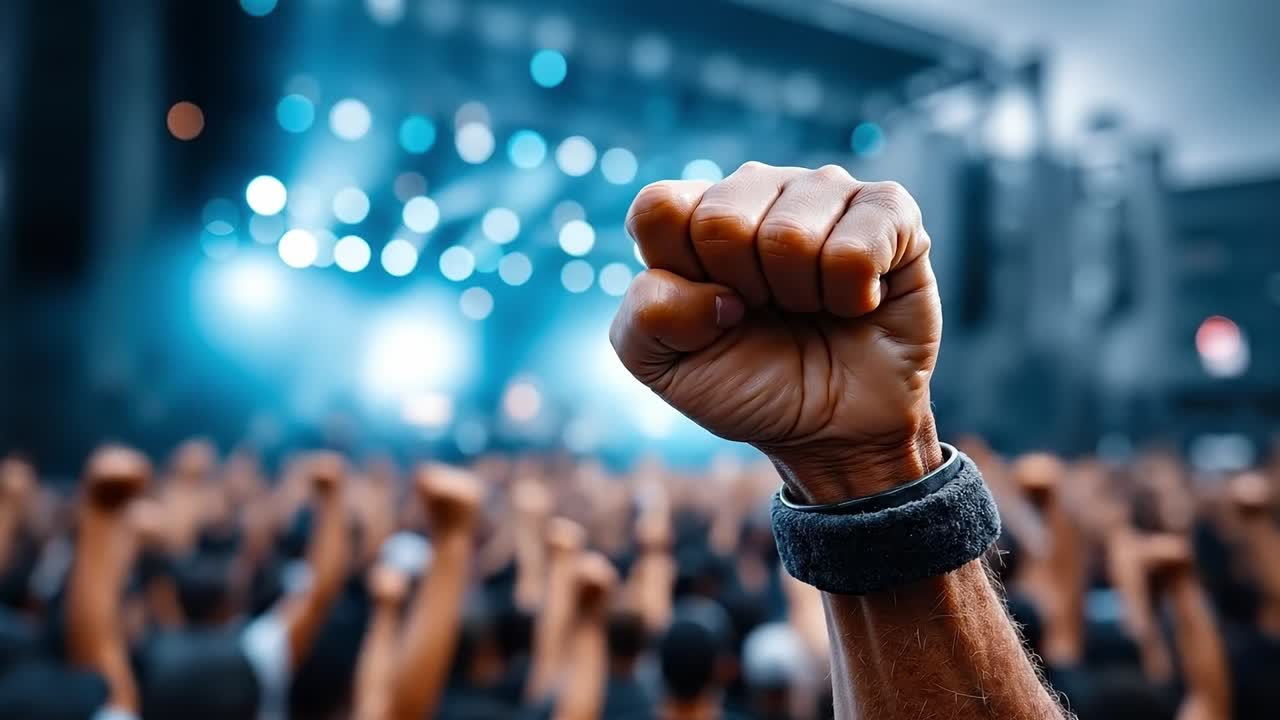 A man's fist raised in front of a crowd of people at a concert