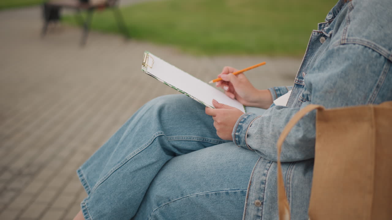 Donna caucasica che disegna su una panchina del parco, giacca e jeans di denim, gambe incrociate, matita su un quaderno a spirale, borsa di tela a lato, primo piano di mani e carta, luce soffusa del pomeriggio, viale urbano.