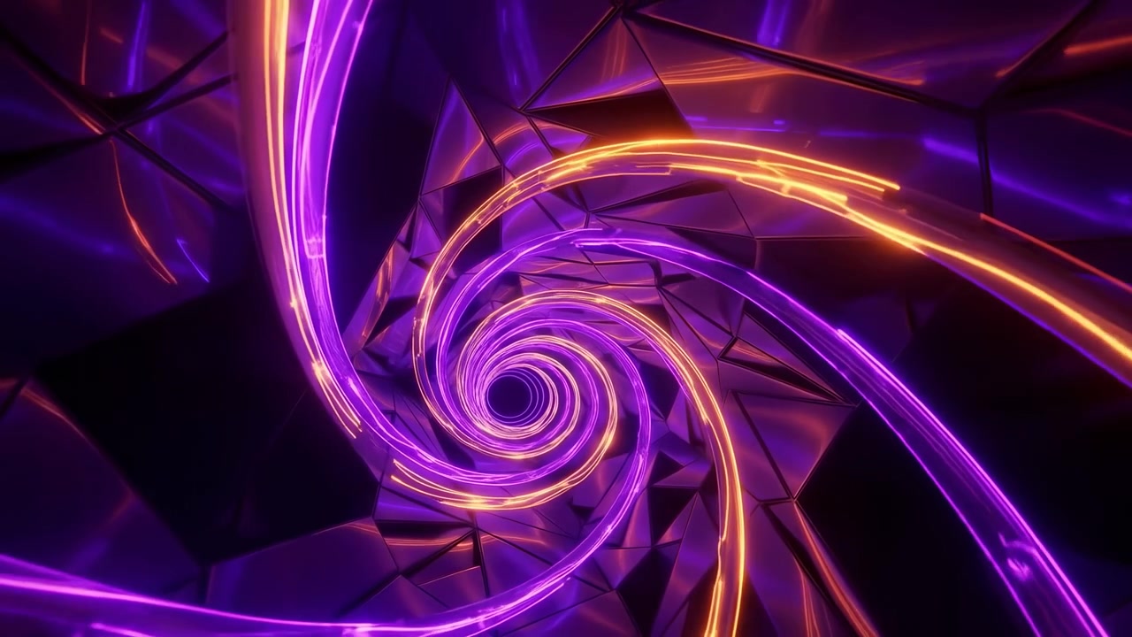 Concentric spiral of illuminated neon tubes coils inward toward dark central void, vivid magenta light with warm orange accents, soft bloom, glossy triangular panels, reflective surfaces, deep