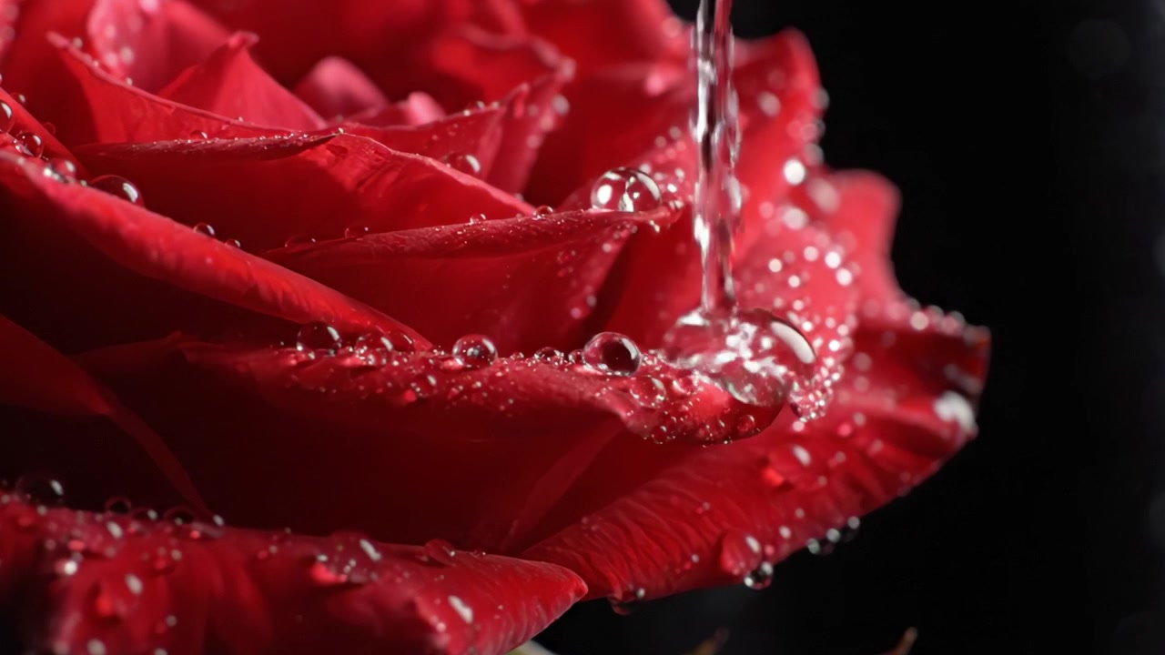 Primo piano di una rosa rossa baciata dalla rugiada: una vista dettagliata mozzafiato della bellezza della natura con gocce scintillanti che esaltano il colore ricco e la texture dei petali.