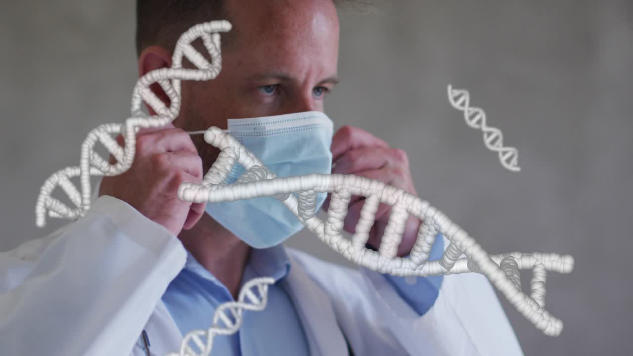 Doctor donning surgical mask, molding nose for exam while DNA helix floating across face