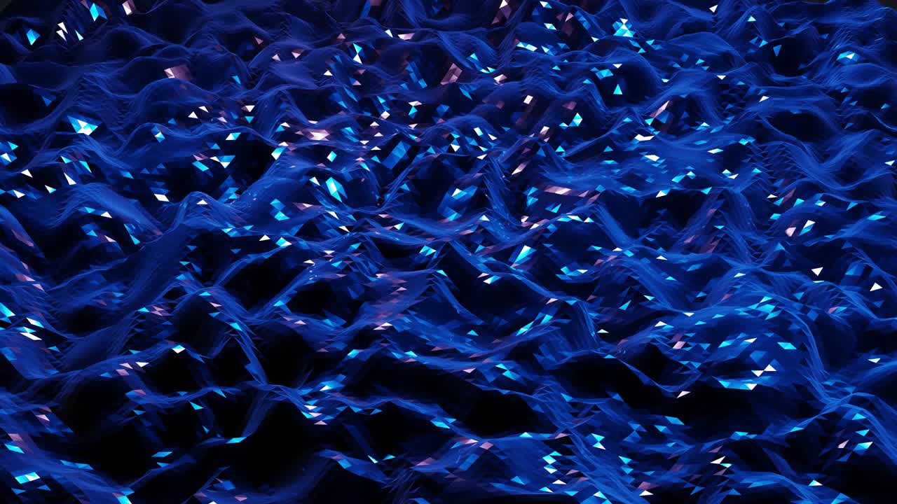 4k에서 세련된 어두운 추상적인 낮은 폴리 배경, 추상적인 파동은 반이는 금속 표면에서 루프로 움직입니다, 부드러운 부드러운 무 애니메이션, 간단한 미니멀리즘 기하학, 푸른 색.