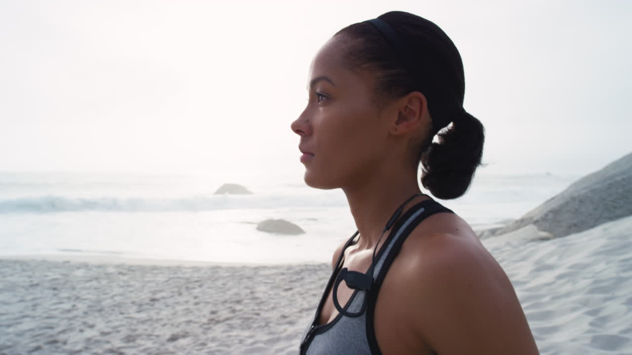 Fitness, exercise and woman with earphones