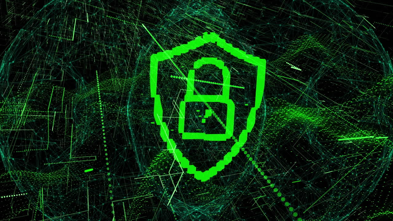icono de candado de seguridad y rastros de luz verde contra la onda digital en fondo negro