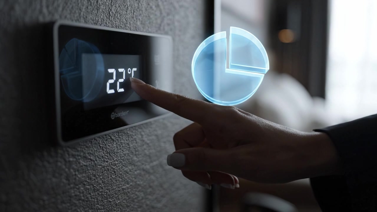 Termostato intelligente moderno che mostra l'impostazione della temperatura in una stanza contemporanea con un arredamento accogliente e mobili morbidi sullo sfondo.