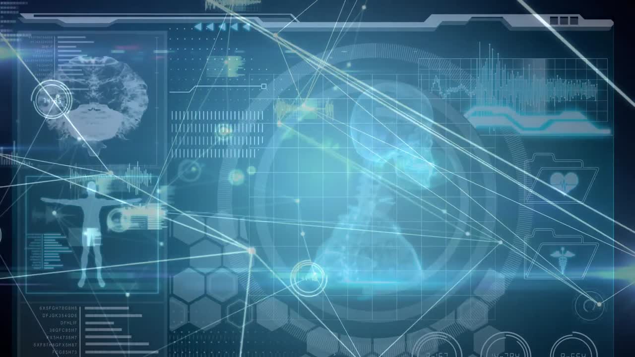 검은 바탕 위의 연결 네트워크와 의료 데이터 처리의 애니메이션