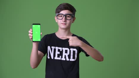 joven y guapo adolescente iraní contra un fondo verde