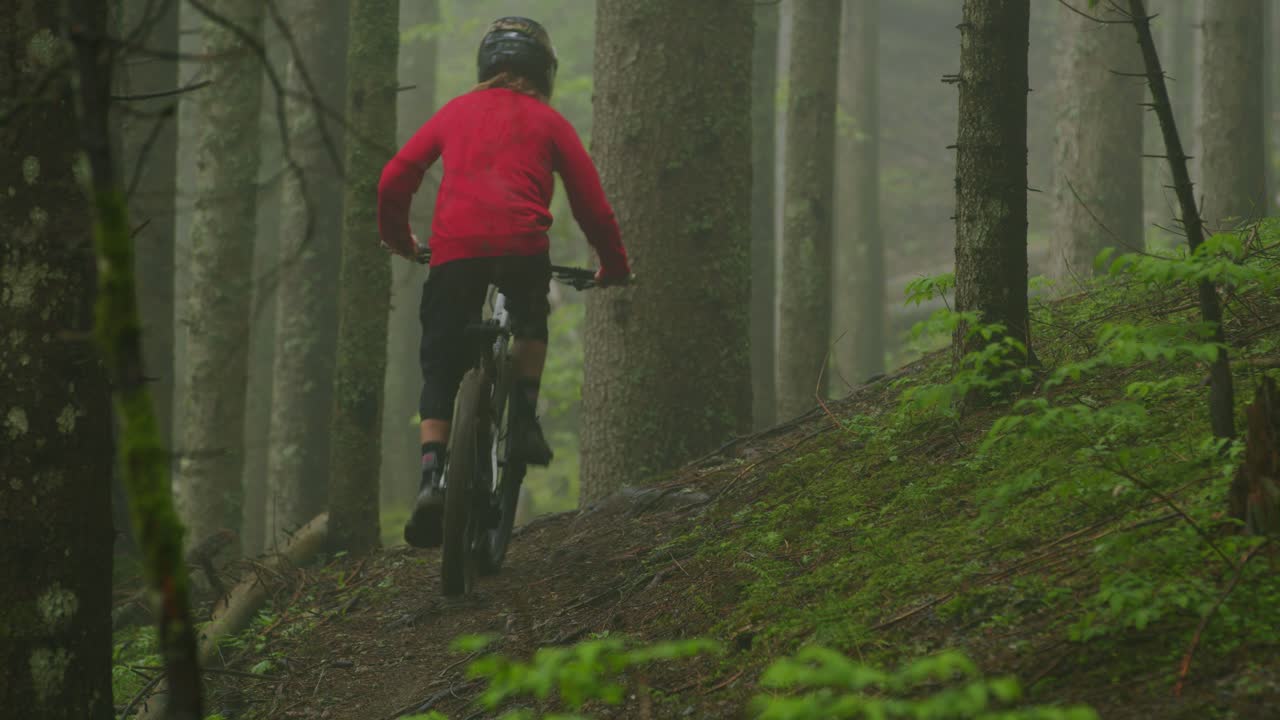 ciclista de montaña pedalea en un sendero de niebla dentro de un bosque exuberante