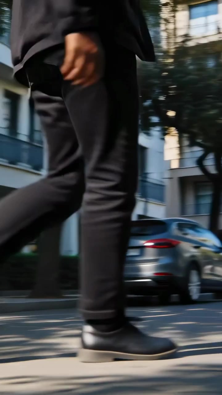 Vertical video: Camera starting to track man in black jacket walking down sidewalk, showing shoes