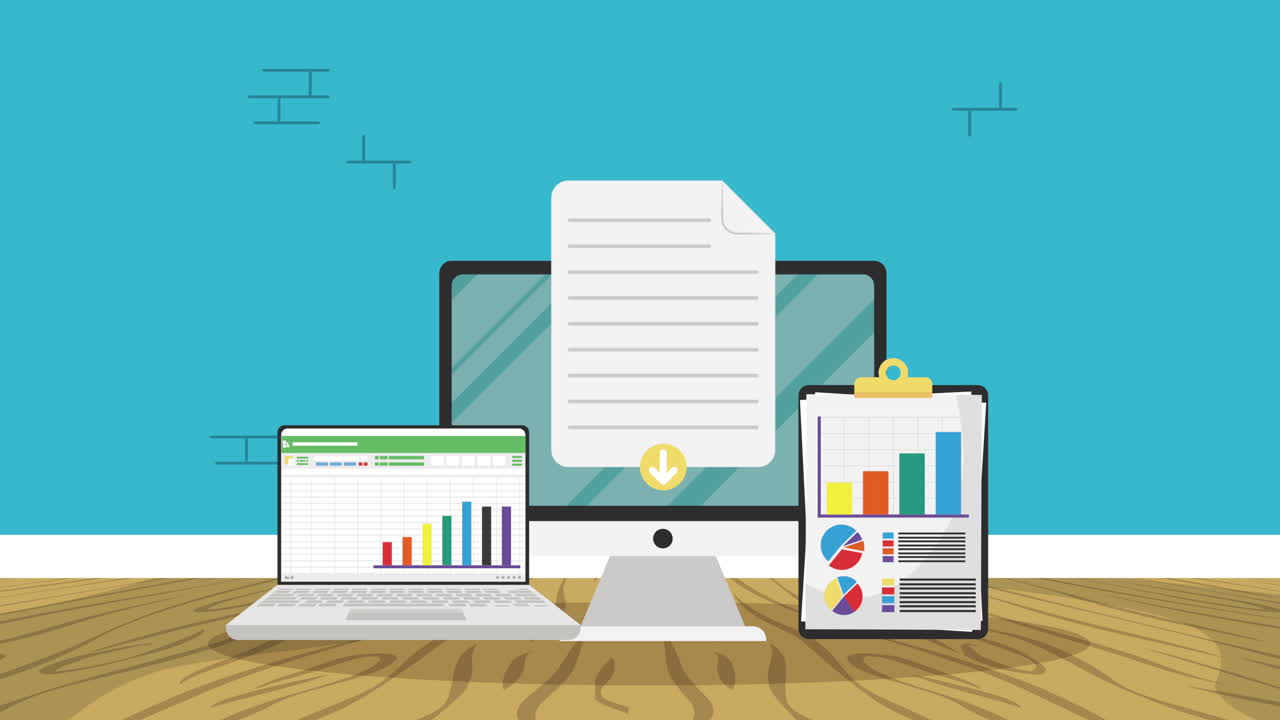 escritorio con animación de estadísticas de documentos