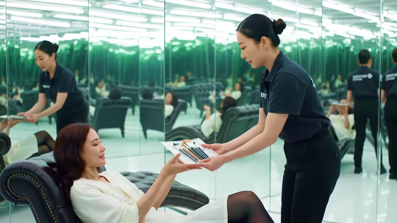 A Serene Spa Experience: The Delicate Exchange of Beauty Essentials Between Two Professionals in a Reflective, Modern Environment