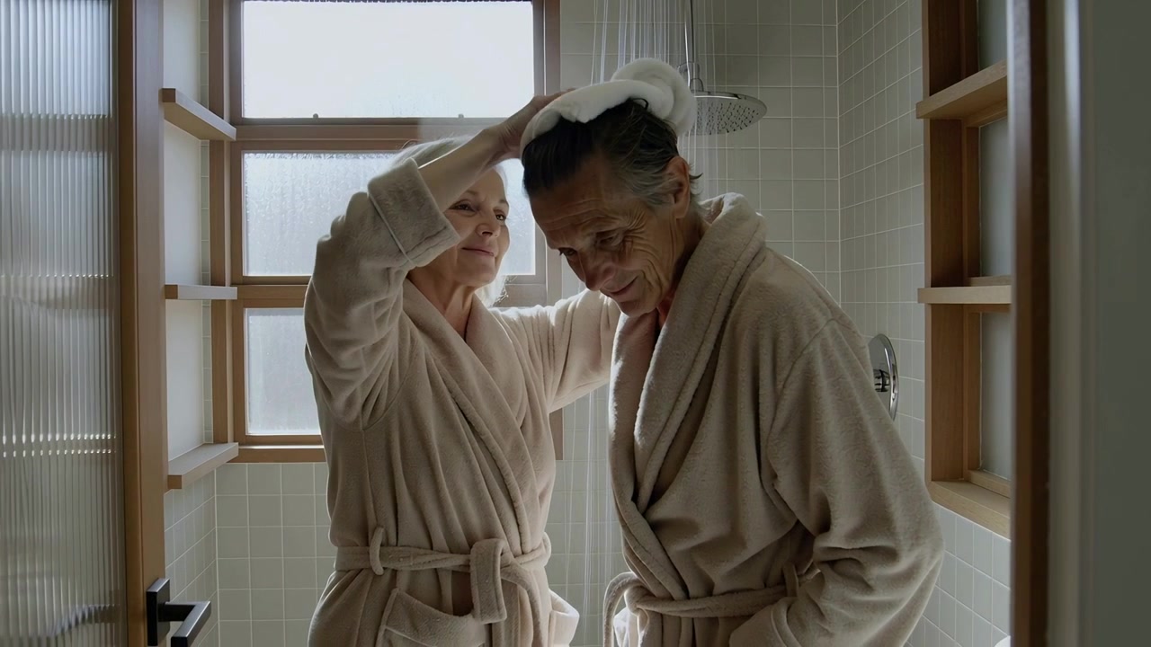 Patting senior woman drying man's hair in shower, post-shower, white towel, matching beige robes