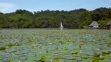 vista desde un bote de cabañas de un pueblo sobre pilotes y veleros a lo largo de un río en guatemala
