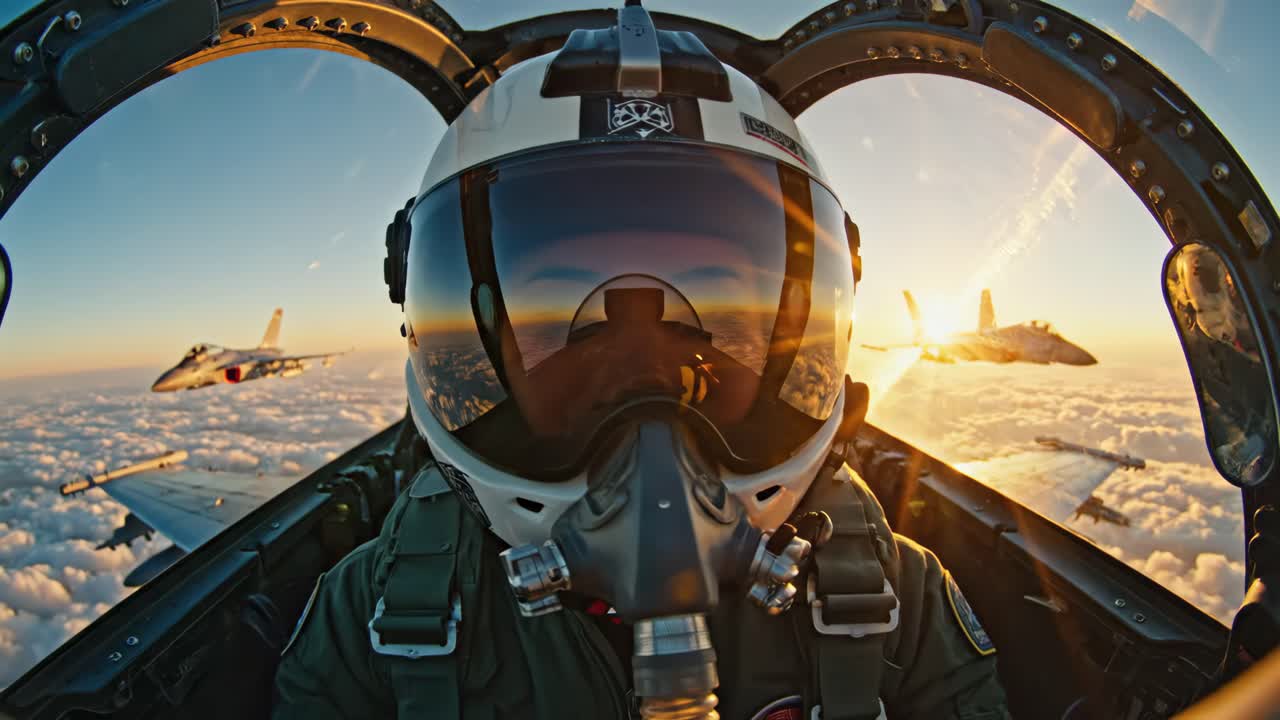 Fighter Pilot in Cockpit Flying Jet at Sunset