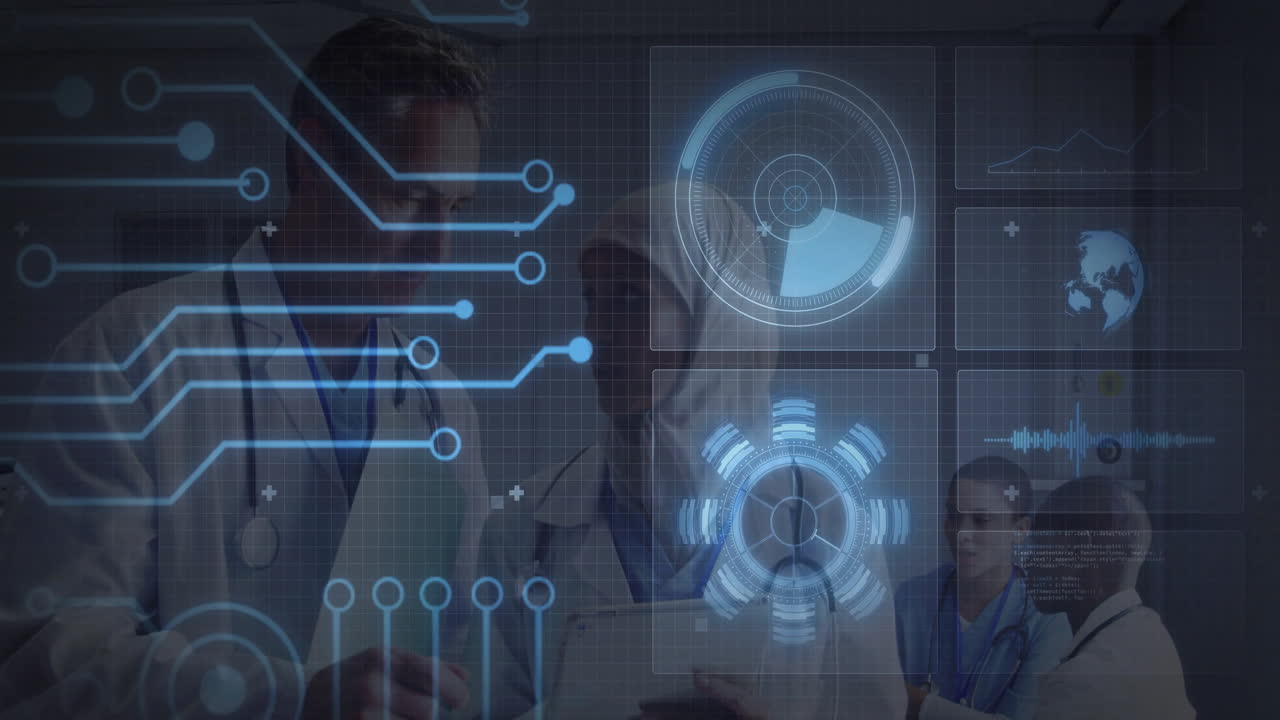 Medical team collaborating in dark lab, with holographic charts, circuit overlays, tablet