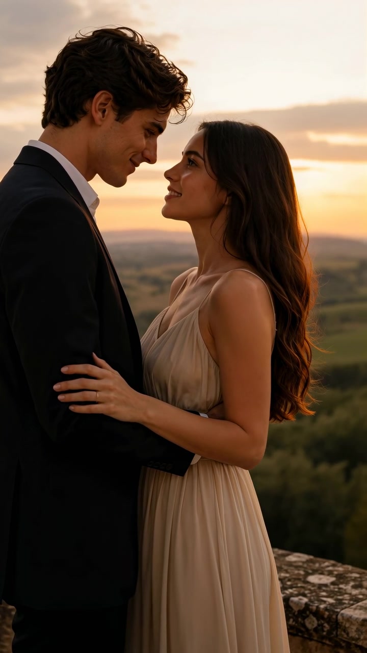 Joven con traje oscuro y joven mujer con un vestido beige vaporoso se abrazan en una terraza de piedra desgastada, compartiendo un tierno beso mientras la luz del atardecer baña las colinas ondulantes, los cipreses y el horizonte lejano.