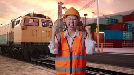 Asian Female Engineer With Safety Helmet Screaming Goal Celebrating Working With Freight Cargo Train At Port
