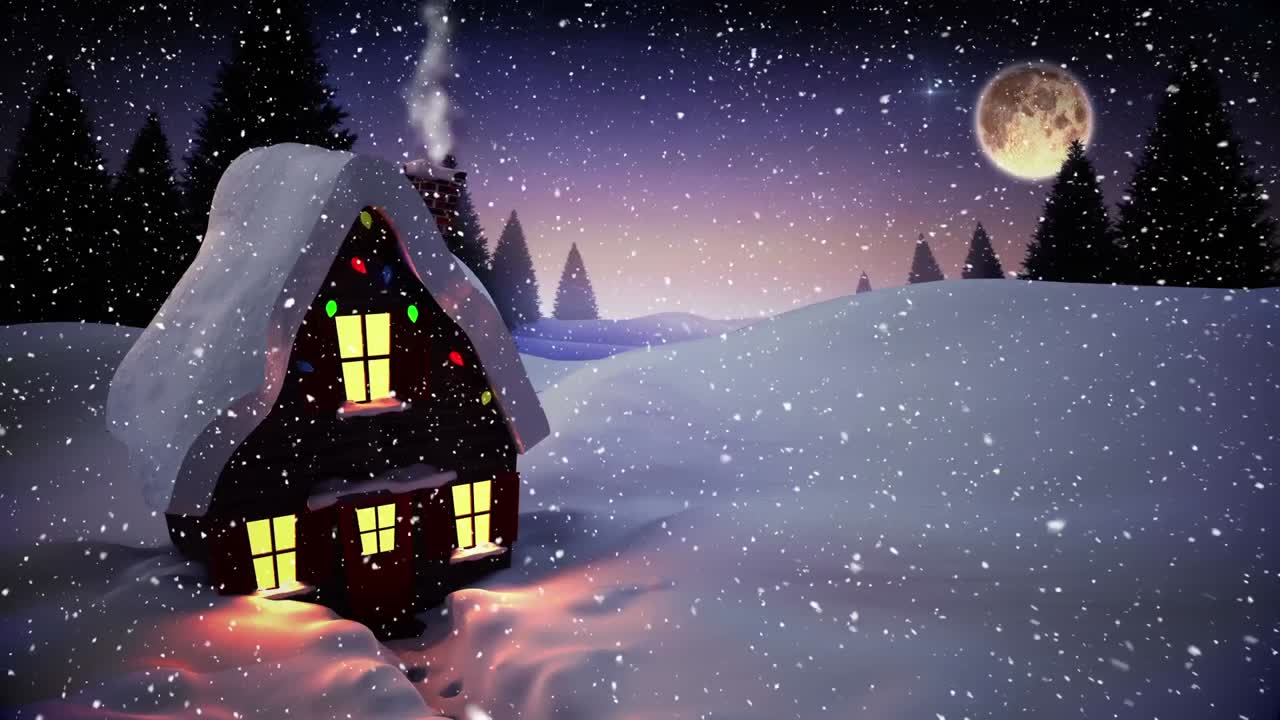 composición de video con nieve cayendo sobre escena de invierno con casa por la noche