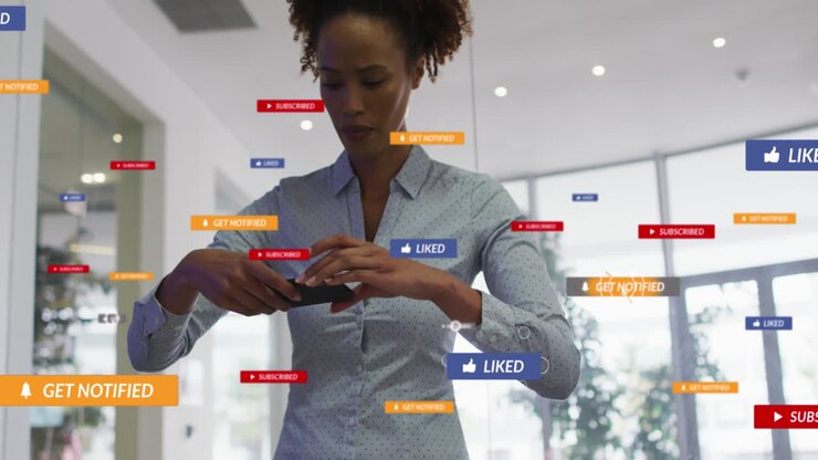 Animation of social media icons and numbers over biracial businesswoman