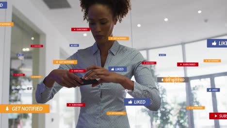 animation of social media icons and numbers over biracial businesswoman