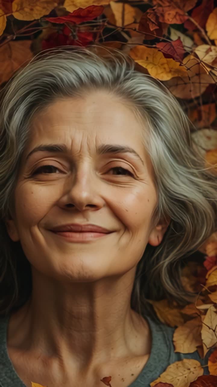 Vertical video: Smiling woman lying in park with drifting autumn leaves being triggered by breeze