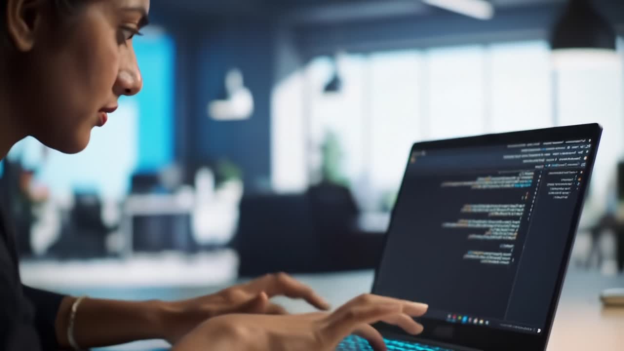 A Focused Software Developer Engaging with Code on a Laptop in a Modern Office Environment, Highlighting the Daily Workflow of Tech Professionals and Their Passion for Programming