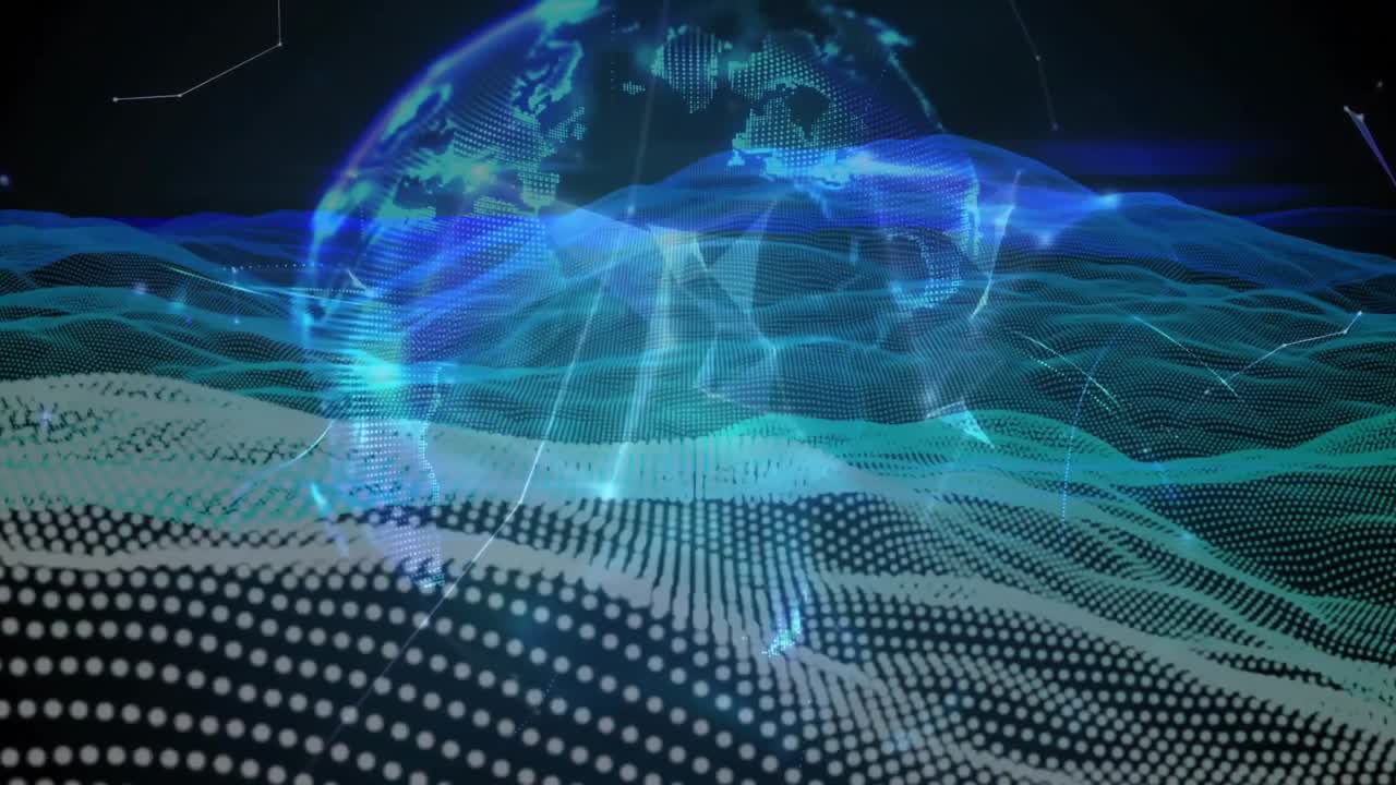 Glowing dotted wave grid undulating beneath holographic globe floating above network nodes