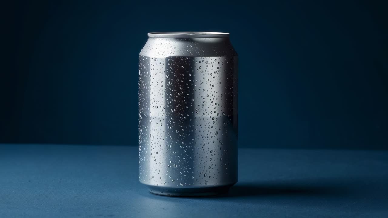 Shifting light causing condensation droplets dancing on silver aluminum can, on blue tabletop