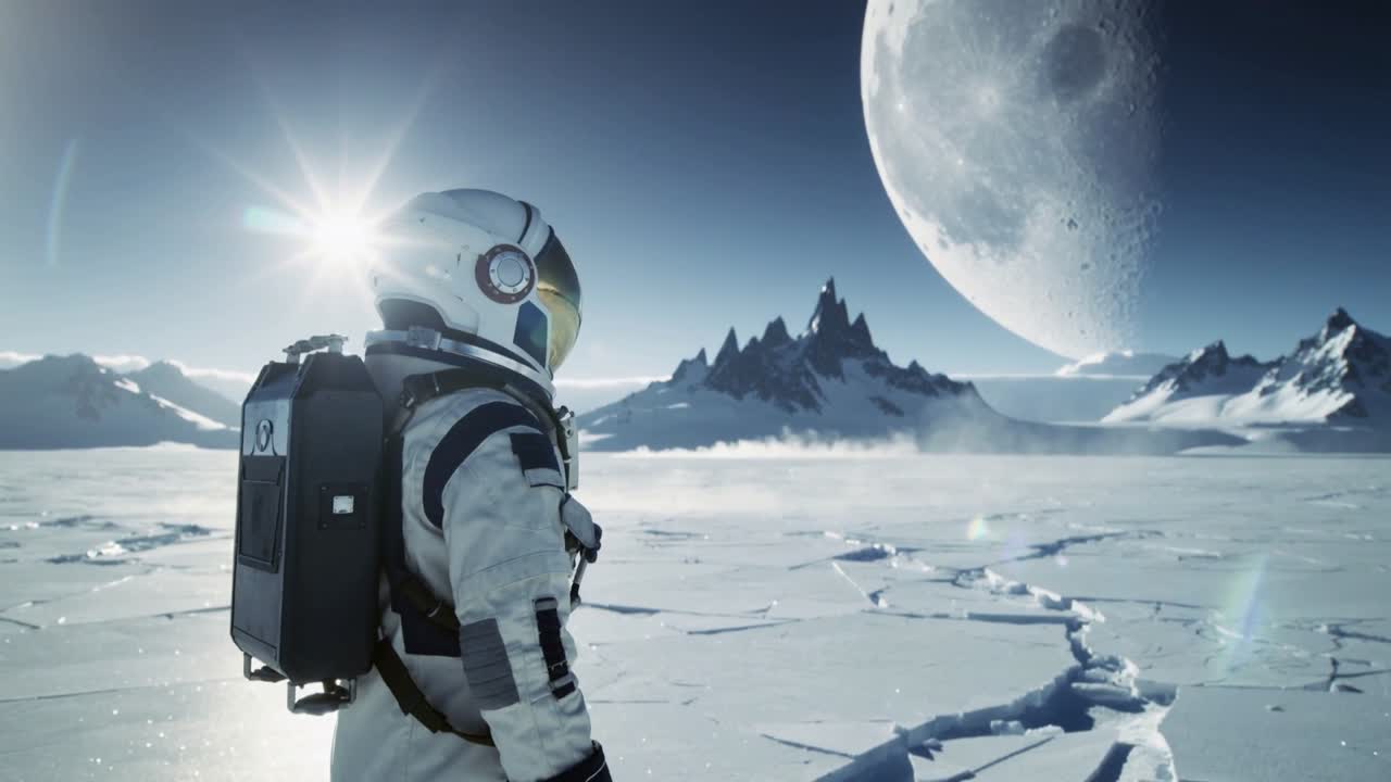 Skannende astronaut roterer, vipper visiret på revnet is, kameraet nærmer sig, spejder, plads til tekst