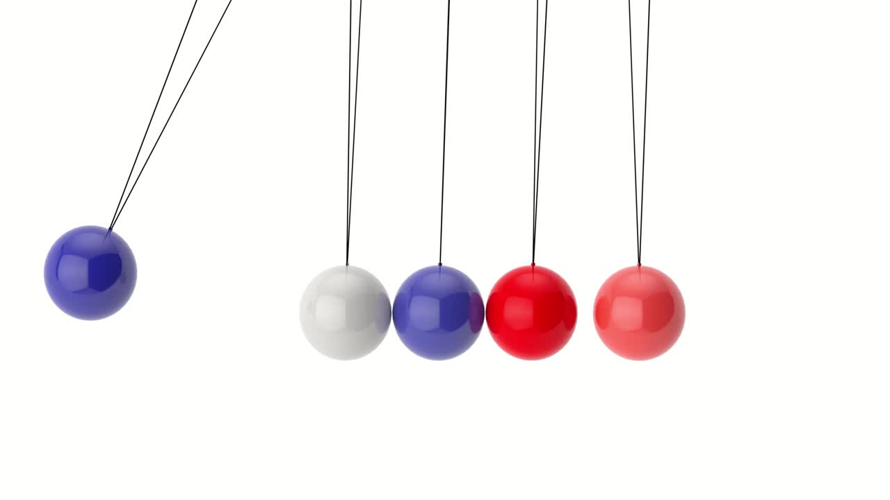 4k 해상도 비디오: 다채로운 금속 뉴턴의 요람 기둥 공, 구, 앞뒤로 흔들리는 루프 애니메이션