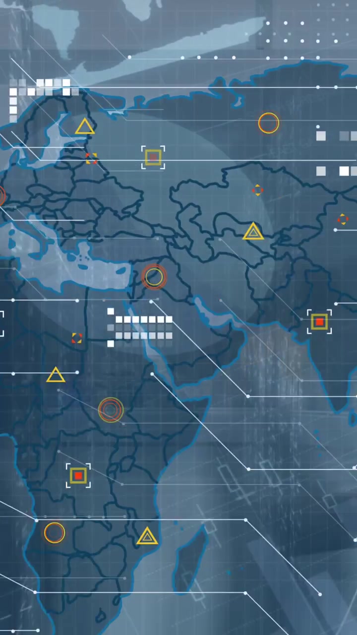 Animation of world map and data processing over charts on interface screen