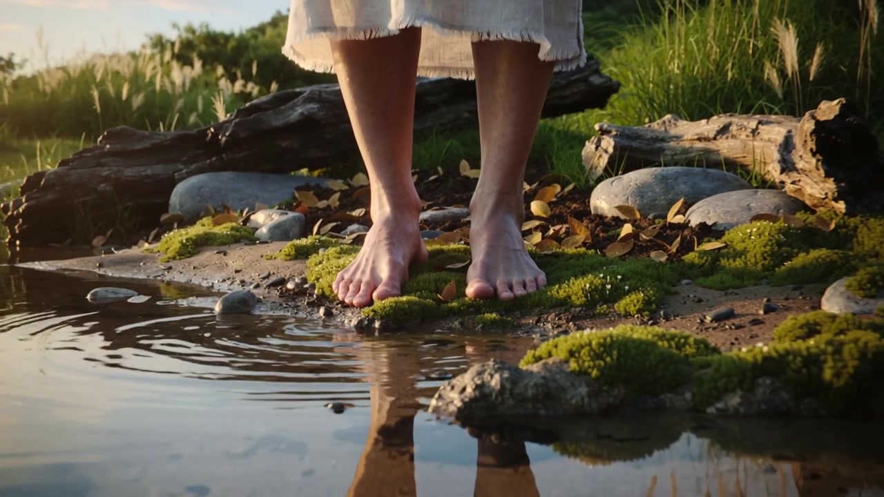Touching toes, woman barefoot in light skirt on moss at pond edge, producing ripples, feeling water