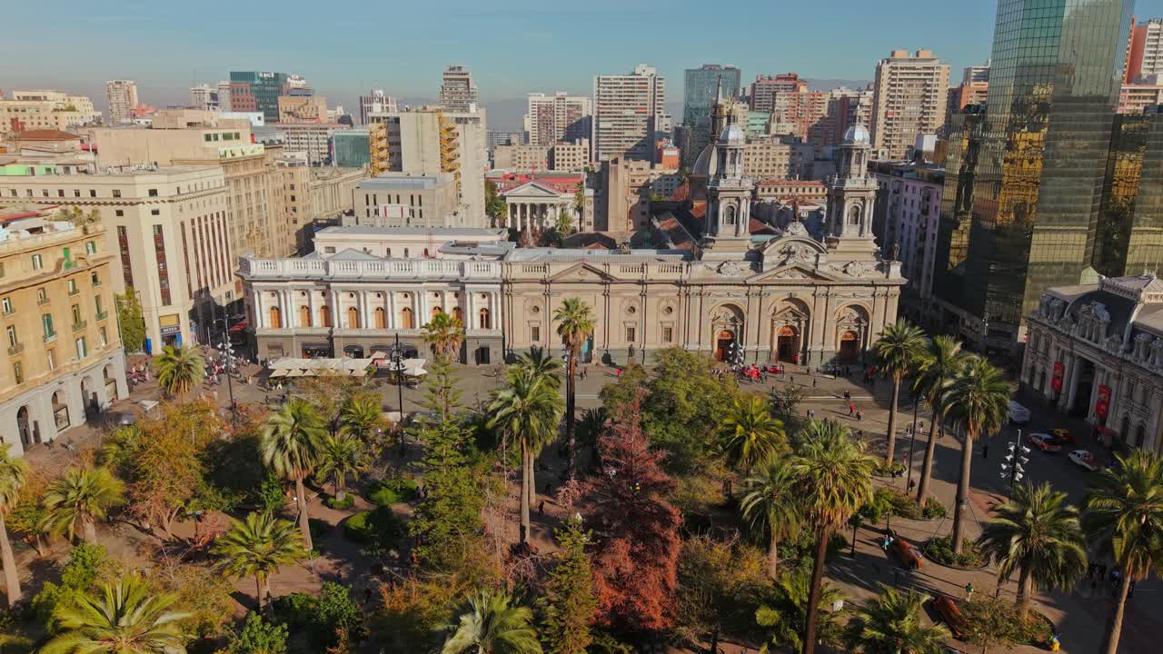 Aerial view of the Archbishopric of Santiago with the Metropolitan Cathedral of Santiago de Chile on a sunny day in the Plaza de Armas