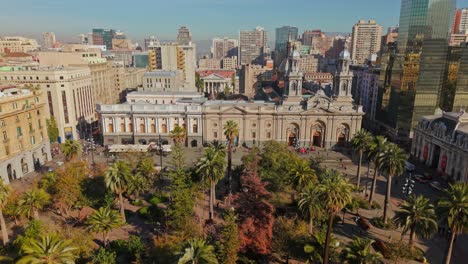 aerial view of the archbishopric of santiago with the metropolitan cathedral of santiago de chile on a sunny day in the plaza de armas