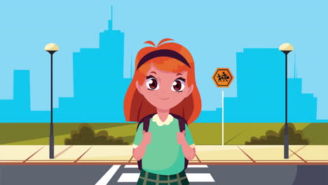 back to school animation with schoolgirl in the street